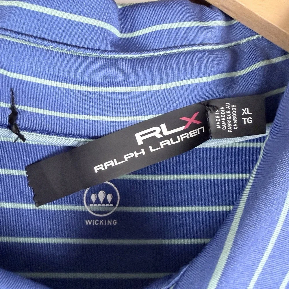 RLX Ralph Lauren‎ Polo Shirt Striped Performance Golf Stretch Blue White Men XL